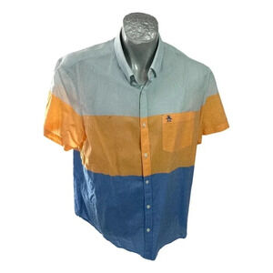 Penguin Mens Shirt Size  XL SS Slim Fit Blue Yellow Pale Blue Stripe